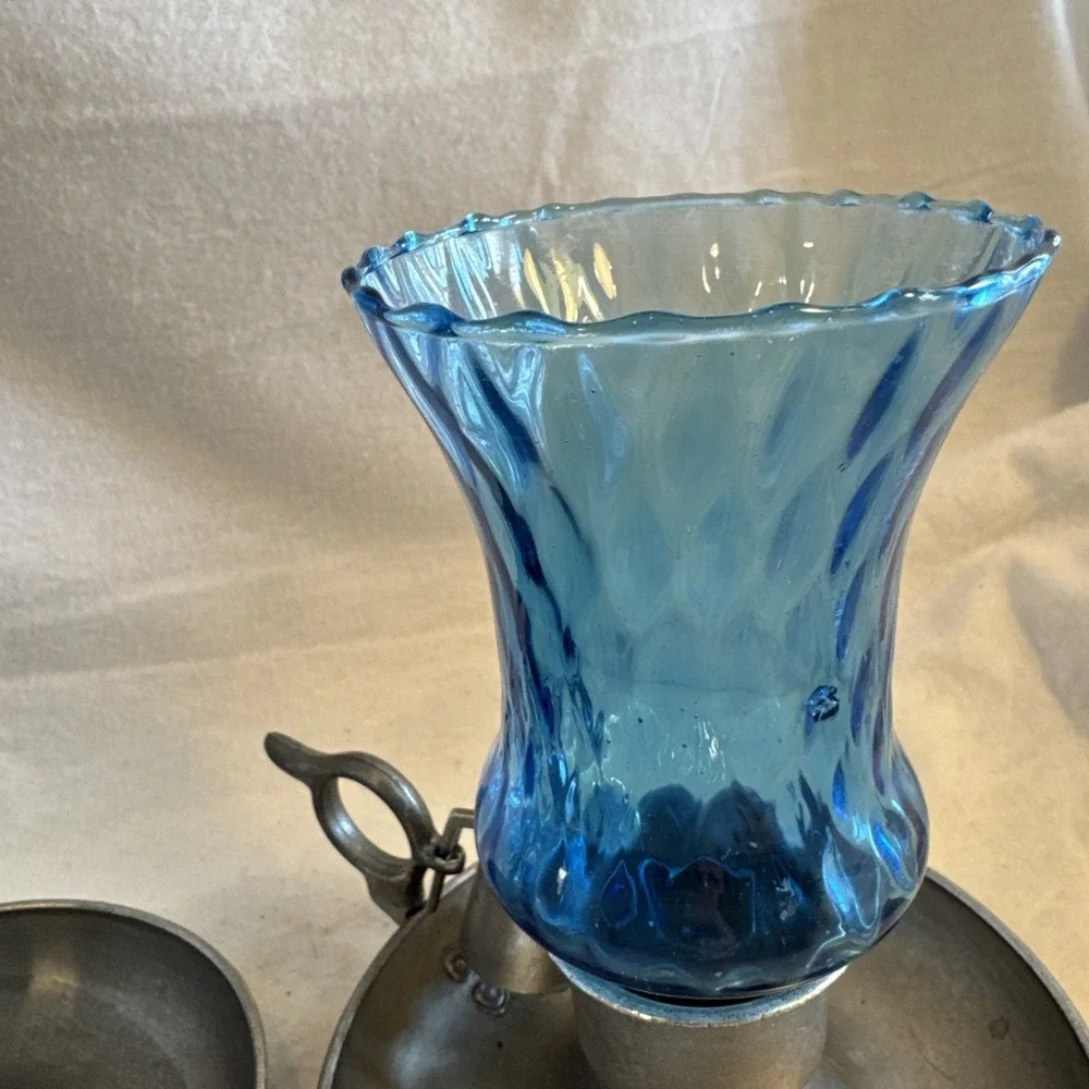Vintage Pair Pewter Chamberstick Candle Holders Finger Loops Sniffers Blue Glass